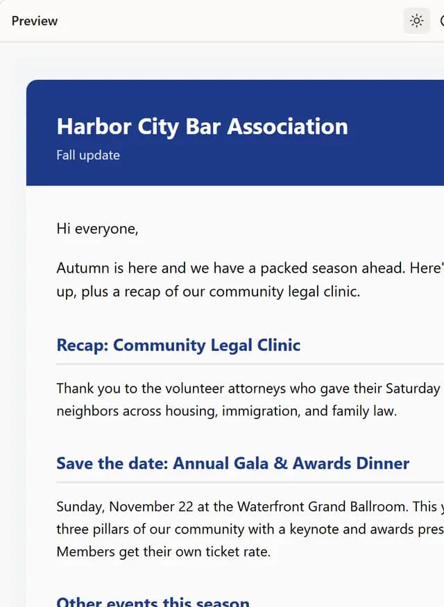 A newsletter draft from the Veldun newsletter assistant for a demo bar association: a fall update with a clinic recap and a save-the-date for the annual gala, in the association's colours.